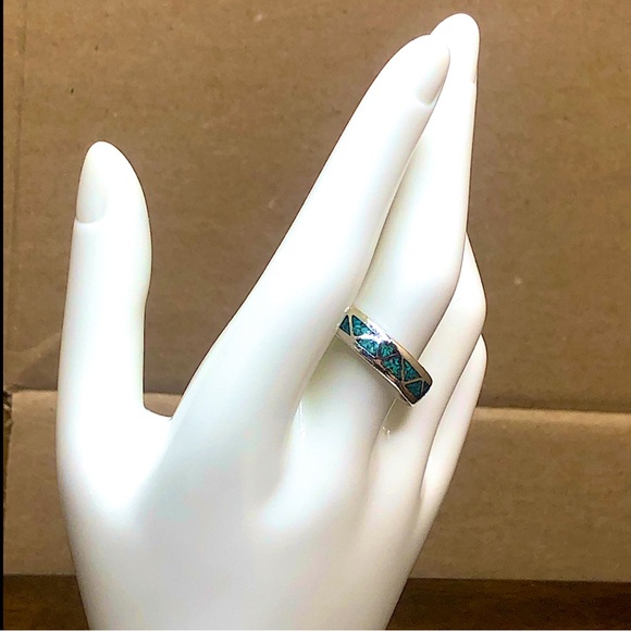 Crushed Turquoise Mosaic Inlay Sterling Silver Southwestern Ring Size 11 - Picture 7 of 17